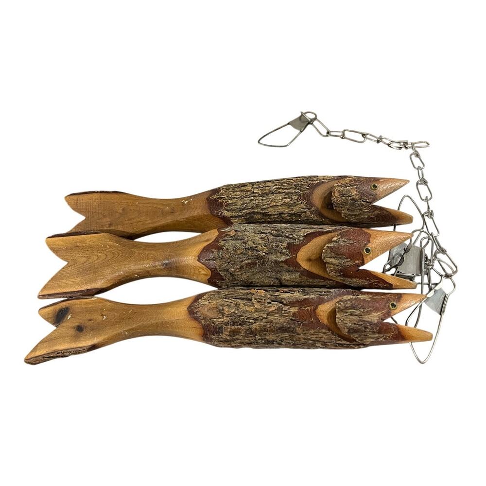 Vtg Hand Carved Wood Fish Stringer Rustic Cabin Lodge Lake House Man Cave Decor